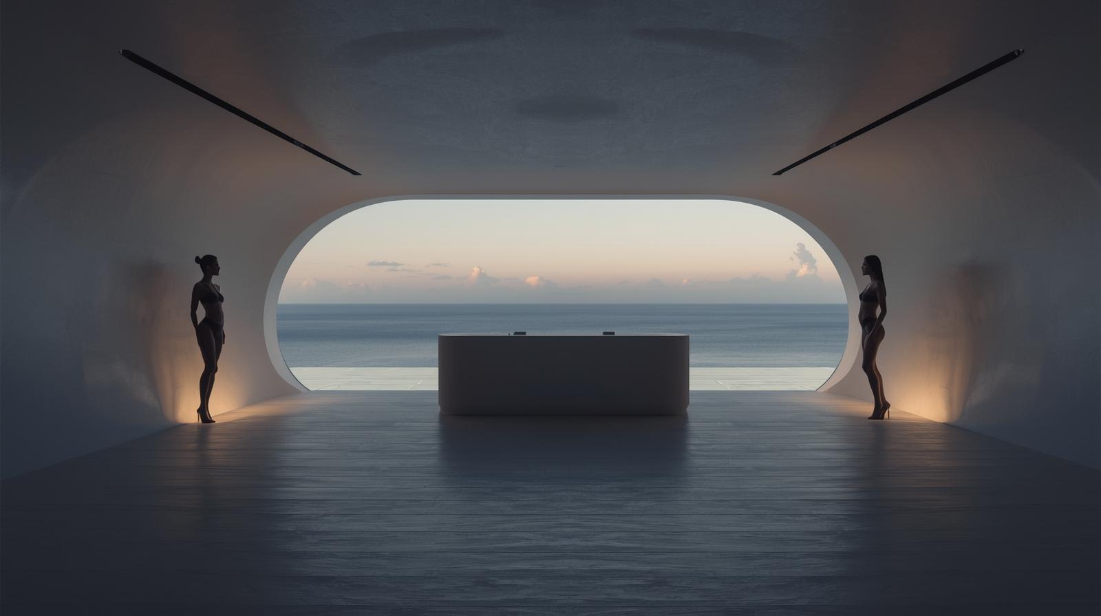 A minimalist and clean photography style capturing a sleek, futuristic DJ booth within a modern villa, overlooking a serene pool. Silhouettes of Pacific Islander women are subtly integrated aro (1)